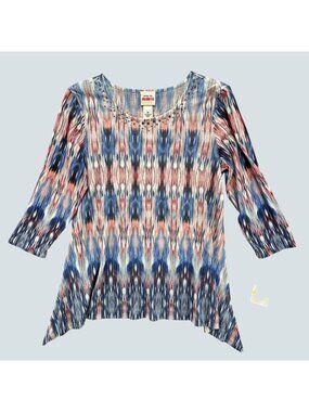 Ruby Rd Favorites Womens M Tunic Top Blue Pink Studded 3/4 Sleeve Sharkbite Hem